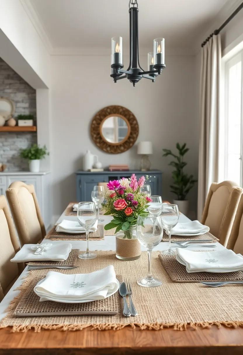 Textured Burlap Placemats Paired With Crystal Glassware For Farmhouse Elegance