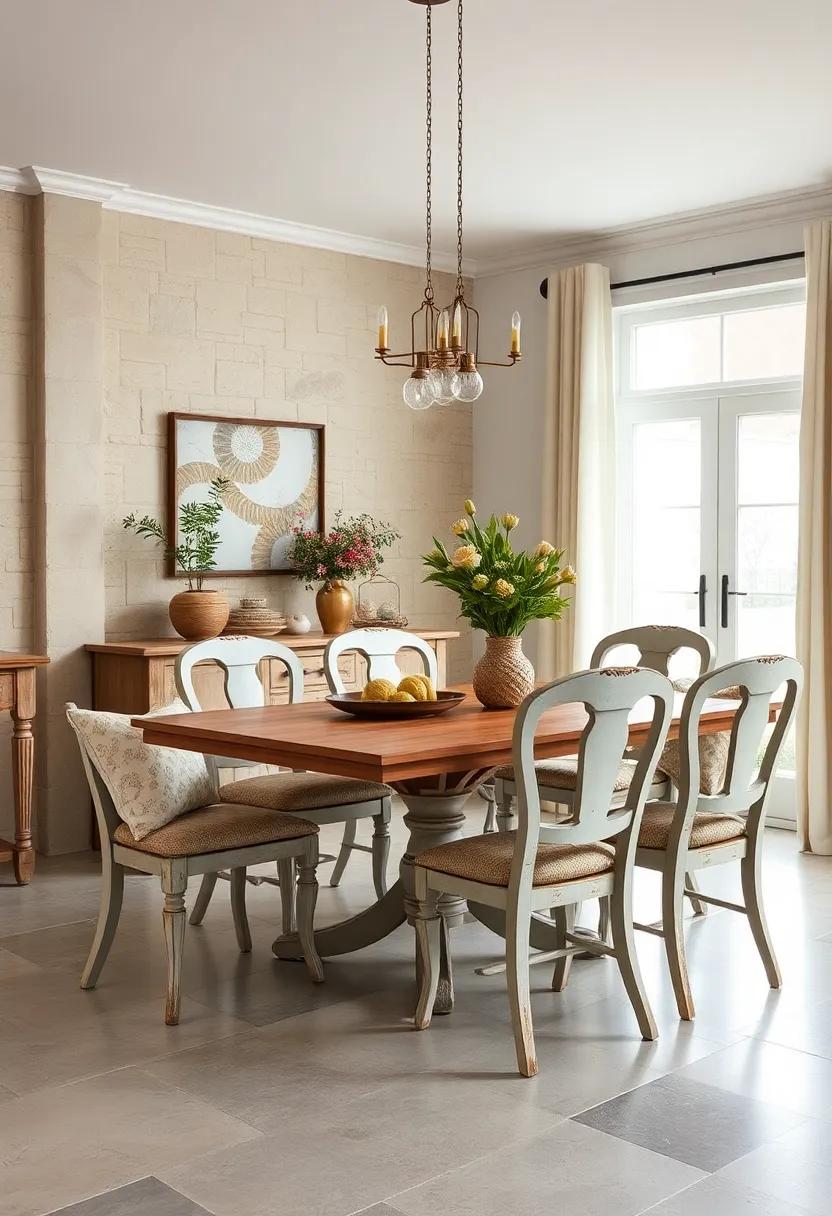 Vintage Farmhouse Chairs With Soft Cushions And Distressed Paint Finishes