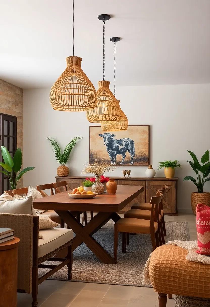 Woven Straw Pendant Lamps Complementing The Organic, Earthy Setting