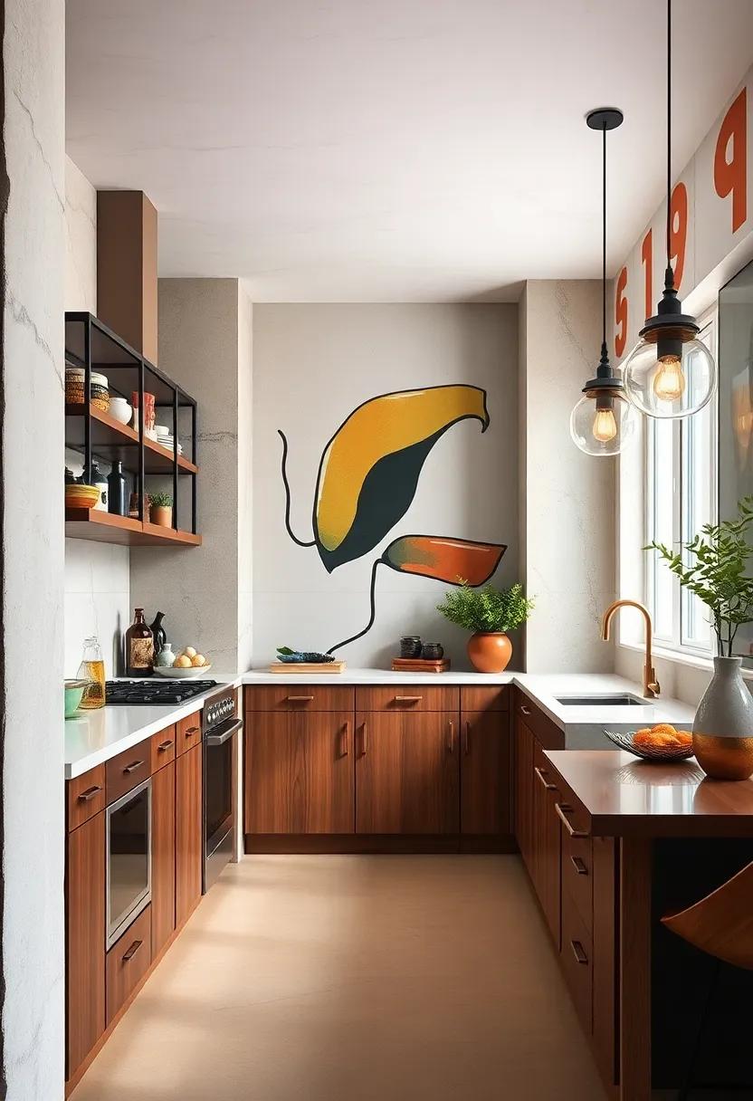 Bold Artistic Galley Kitchen Emphasizing Statement Light Fixtures and Custom Graphic Wall Murals