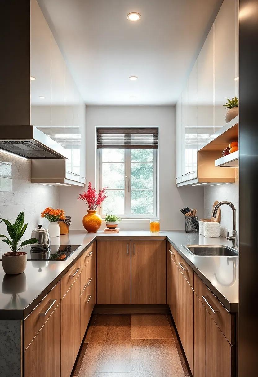 Bright and Airy Galley Space with Sleek Stainless Steel Countertops and Under-Cabinet LED Strips