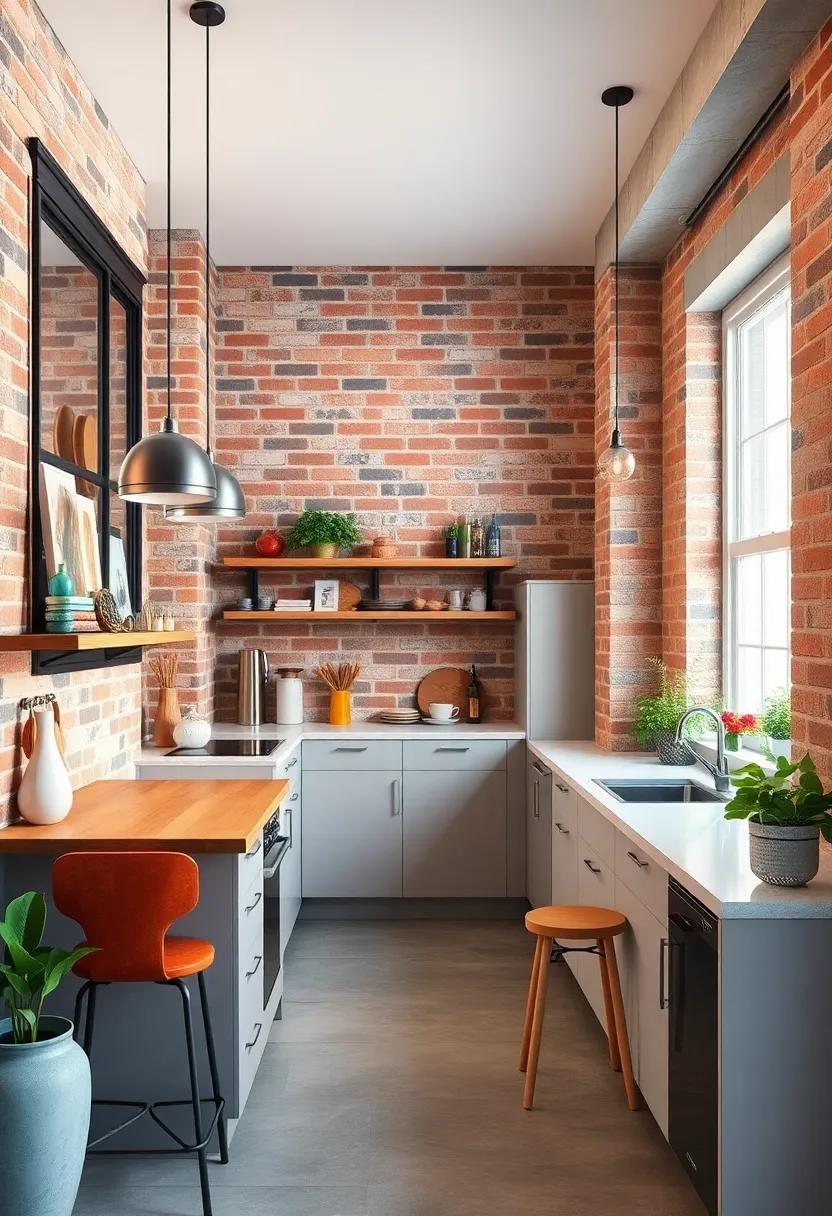 Bright Urban Galley Kitchen Showcasing Exposed Brick Walls, Modern Pendant Lights, and Compact Breakfast Nook