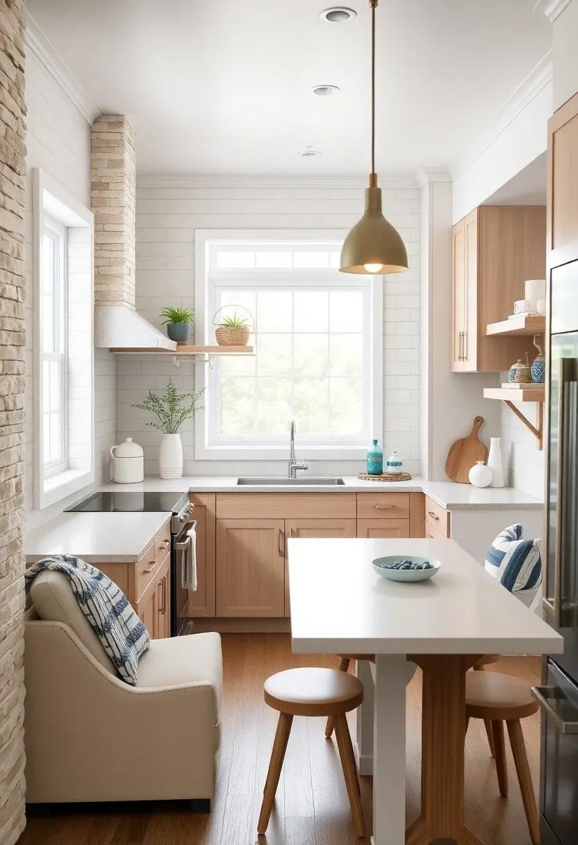Coastal Inspired Galley Kitchen Featuring Light Wood Elements, Navy Accents, and Nautical Decorative Pieces