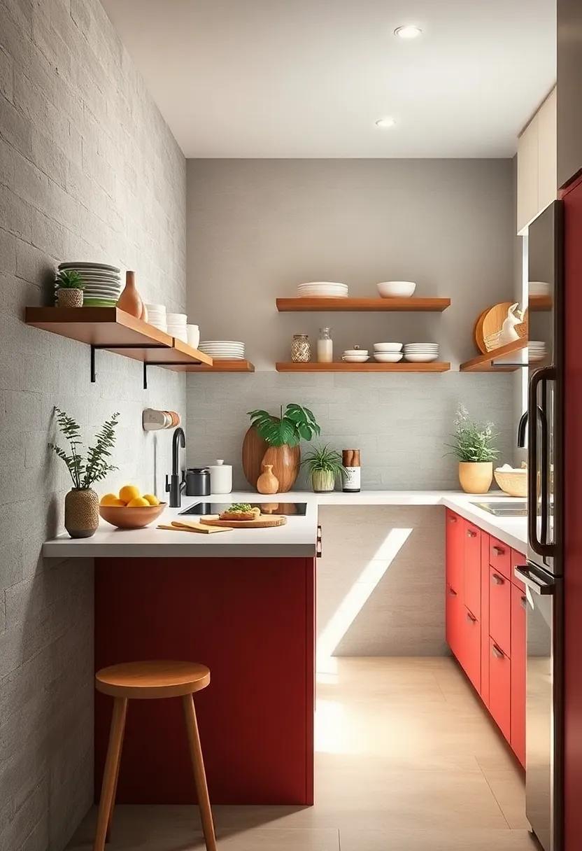 Compact Galley Design Featuring Bold Color Contrasts and Open Shelving for Displaying Chic Kitchenware