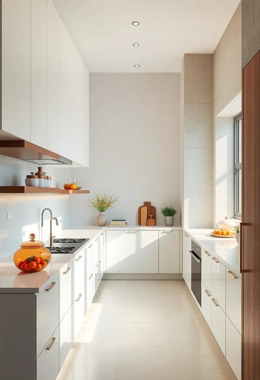Contemporary Galley Kitchen with Streamlined Cabinetry and Glossy White Surfaces Illuminated by Natural Light