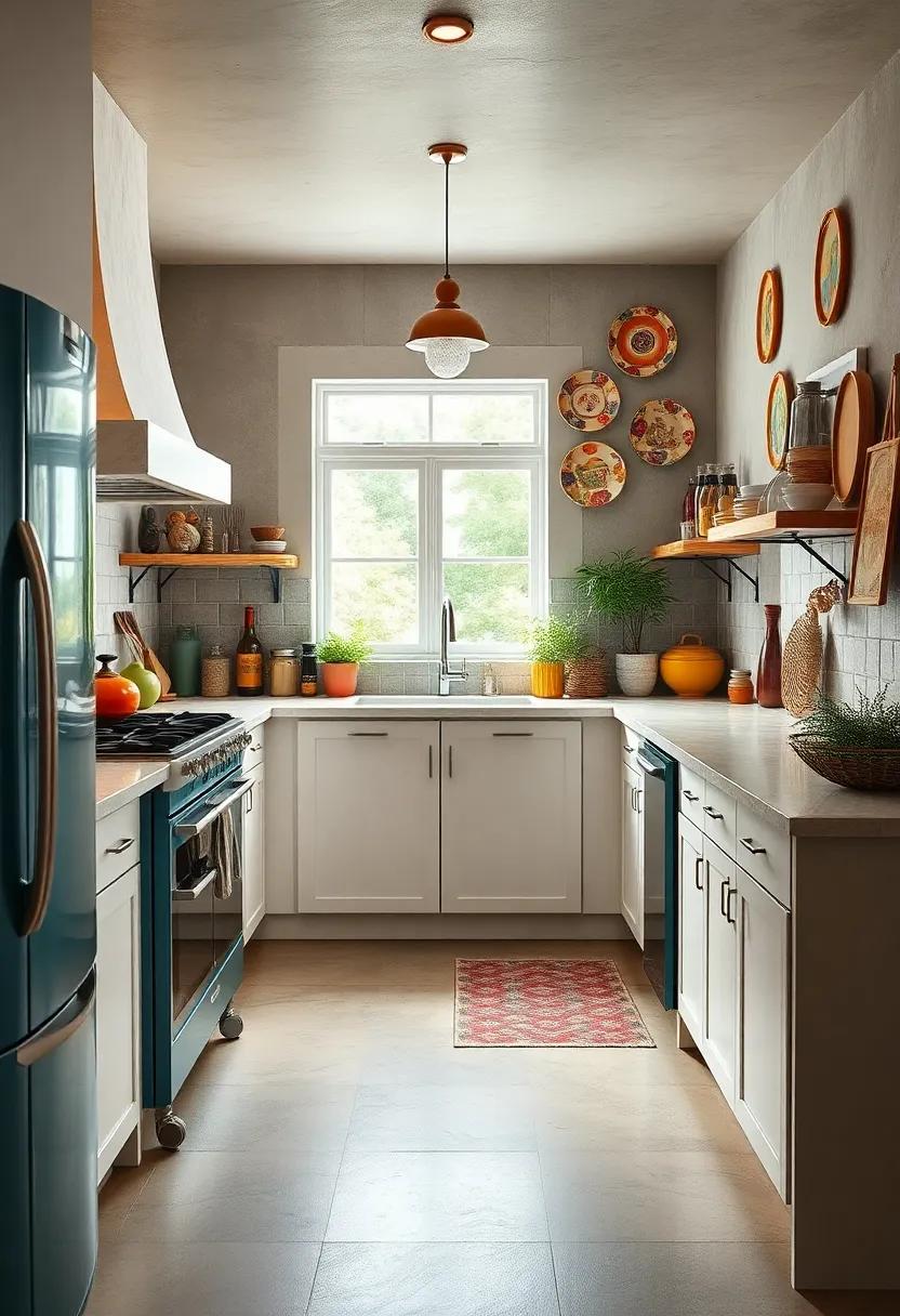 Eclectic Galley Kitchen Blending Vintage and Modern Elements with Colorful Appliances and Artistic Wall Plates