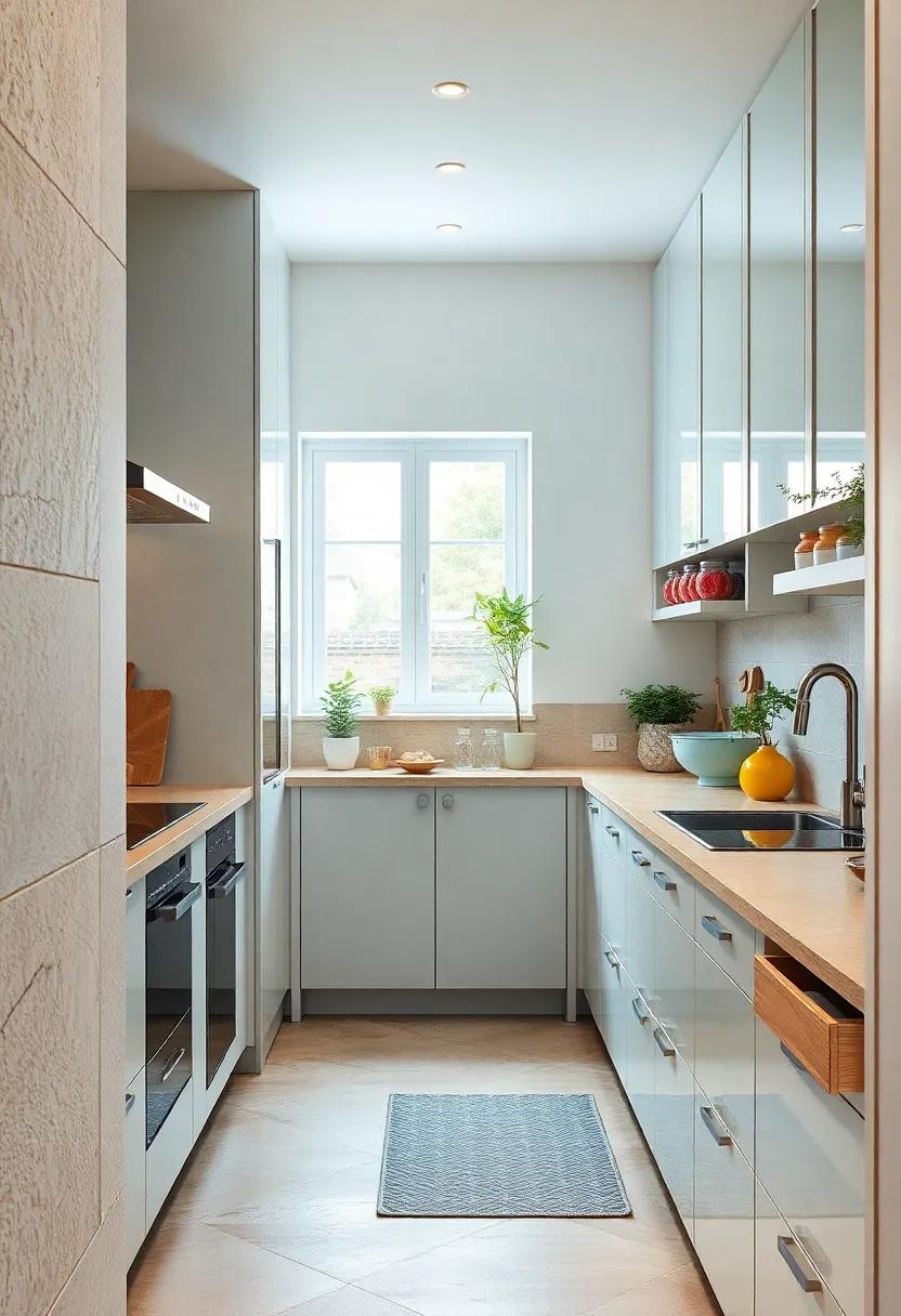 Galley Kitchen with Creative Storage Solutions Including Pull-Out Drawers and Hidden Cabinets in Soft Pastel Hues