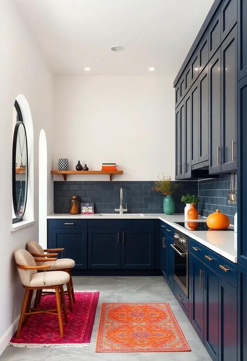 High-Contrast Galley Kitchen Featuring Deep Navy Cabinets Against White Walls with Vibrant Accent Rugs