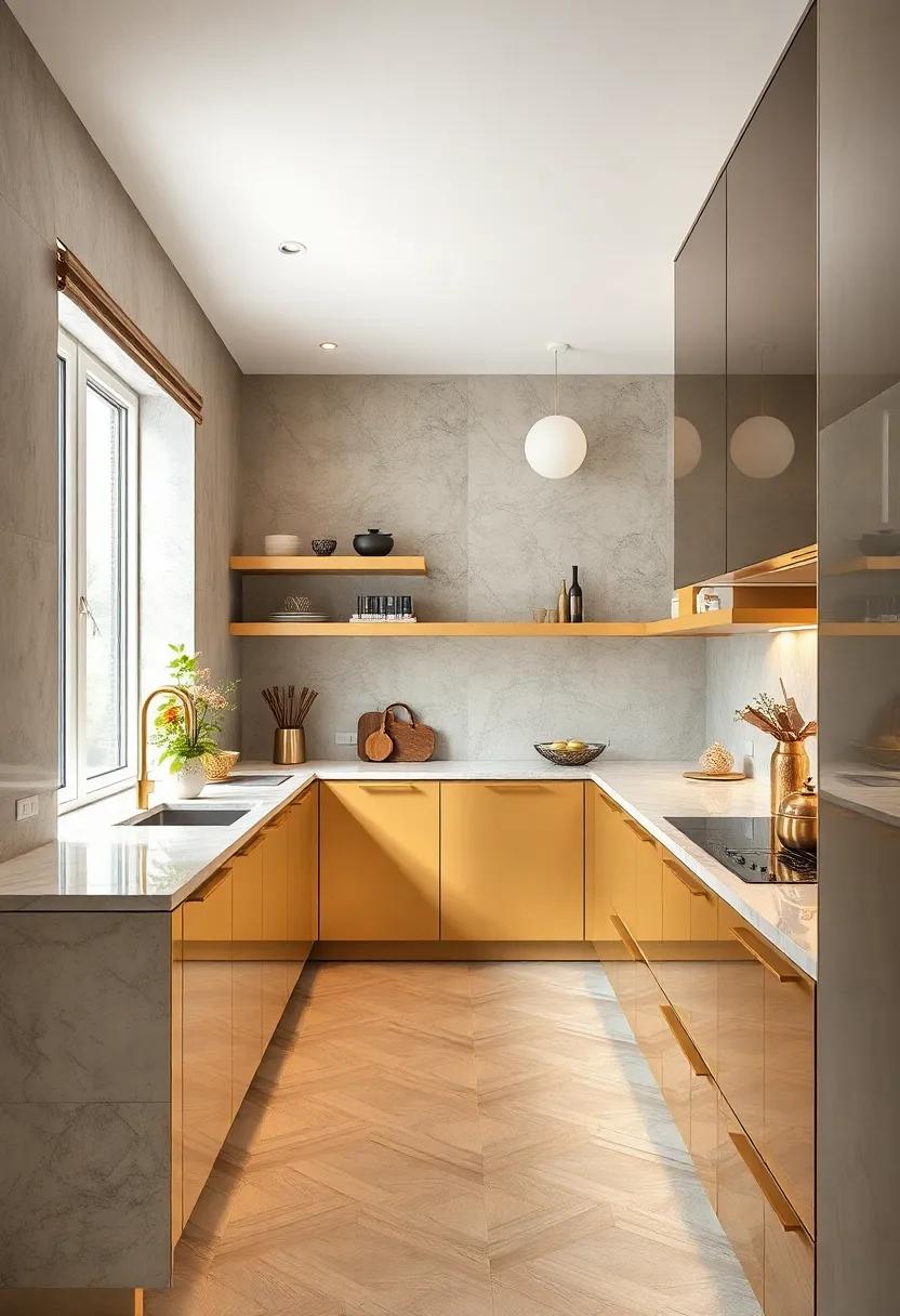 Luxe Galley Kitchen with Gold Accents, Glossy Surfaces, and Rich Textures Creating a Fashion-Forward Vibe