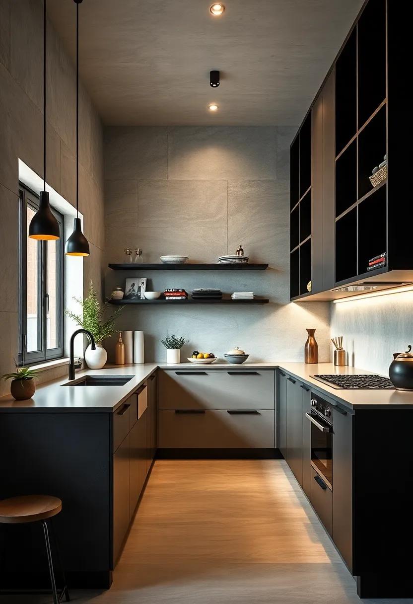 Minimalist Galley Kitchen Layout Showcasing Matte Black Fixtures and Integrated Appliances with Ambient Lighting