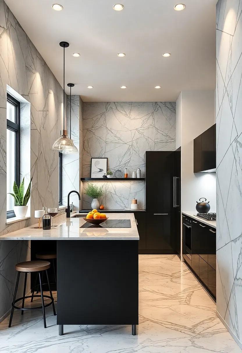Monochrome Galley Kitchen Highlighting Geometric Patterns and High-Gloss Finishes for a Futuristic Look