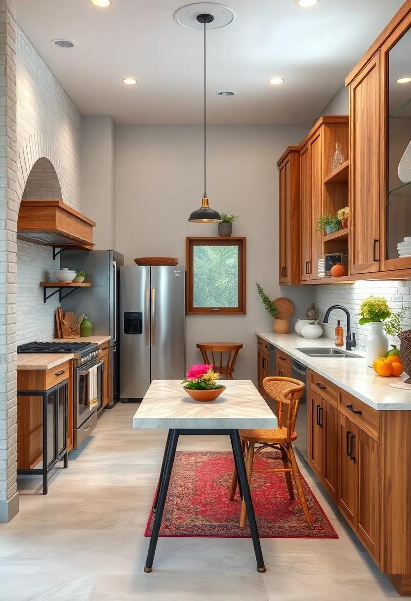 Rustic Galley Kitchen Featuring Reclaimed Wood Cabinets and Warm Earth Tones with Vintage Accents