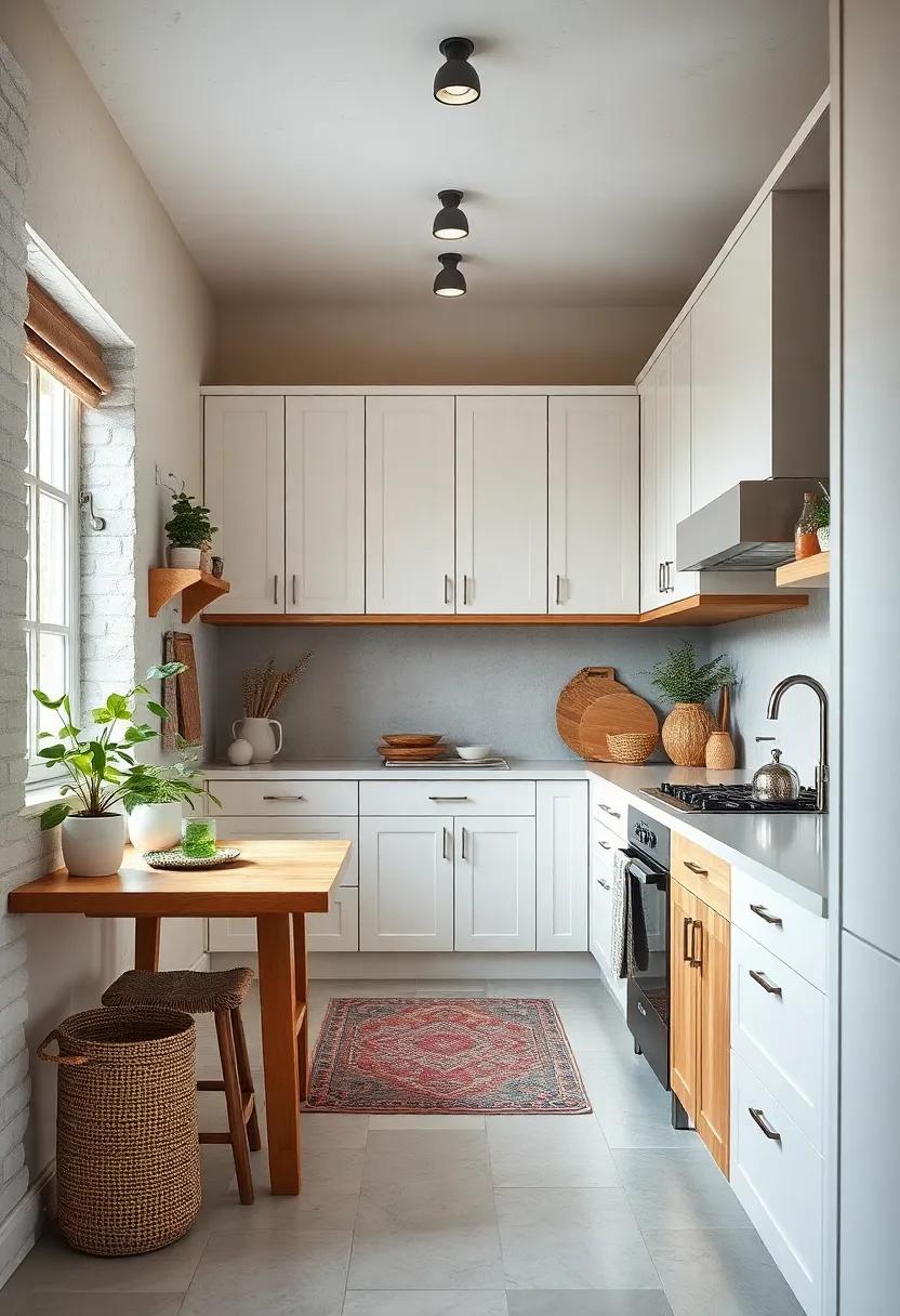 Scandinavian Galley Kitchen with White Shaker Cabinets, Natural Wood Details, and Botanical Greenery for Freshness