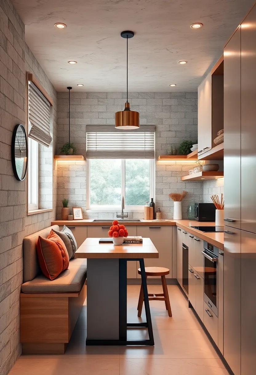 Space-Efficient Galley Kitchen with Foldable Counters, Multi-Functional Seating, and Sleek Appliance Arrangement