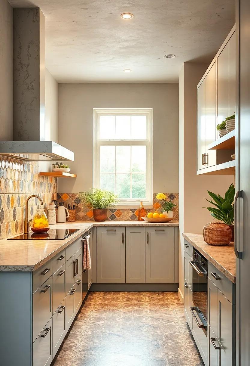 Vibrant Galley Kitchen Scene Emphasizing Colorful Backsplashes and Patterned Tiles with Mixed Material Decor