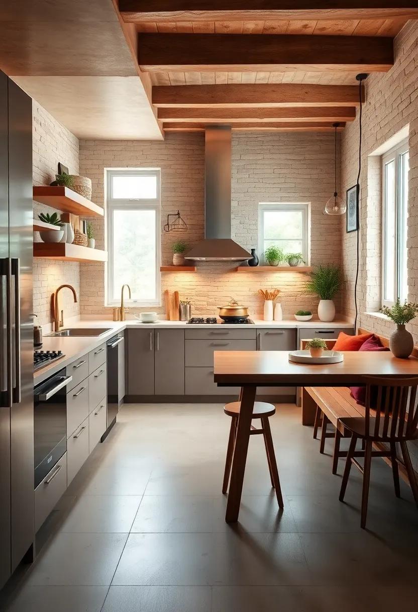 Warm and Inviting Galley Kitchen with Earthy Stone Backsplash, Soft Lighting, and Cozy Wooden Seating Area