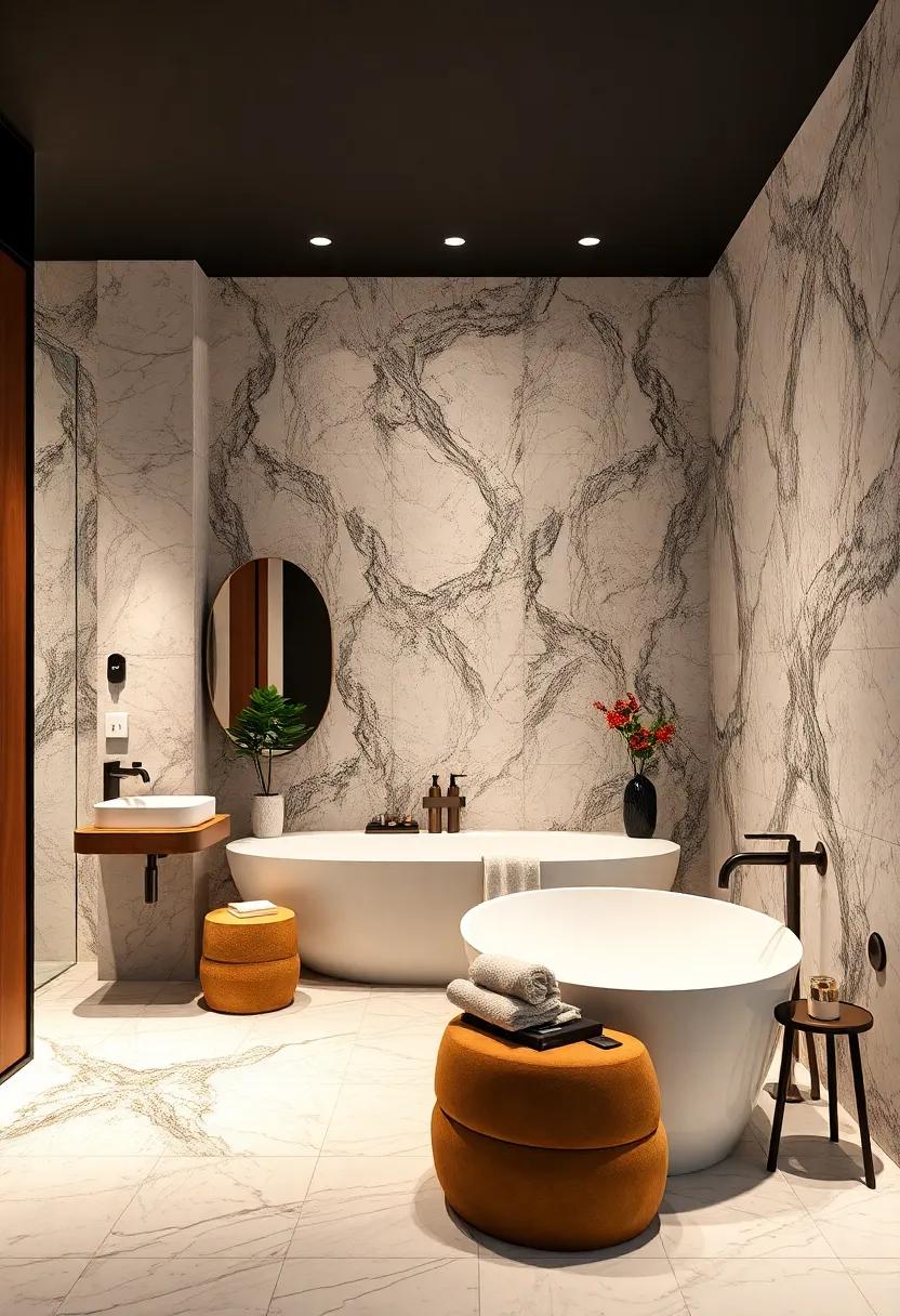 Bold Marble Accent Walls Creating A Dramatic Focal Point In Contemporary Bathroom Spaces