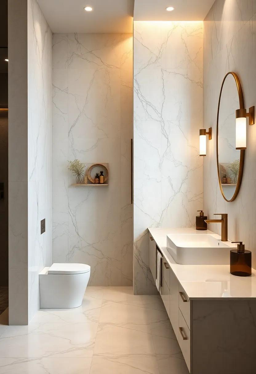 Contrasting Textures Of Polished Marble And Matte Fixtures For A Balanced Bathroom Design