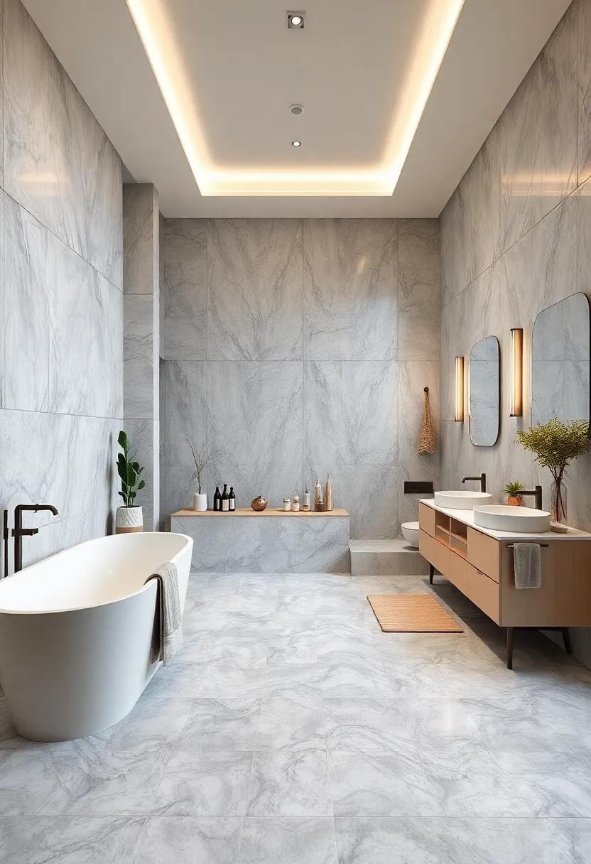 Cool Gray Marble Floors Reflecting Soft Overhead Lighting In Spacious Elegant Bathrooms