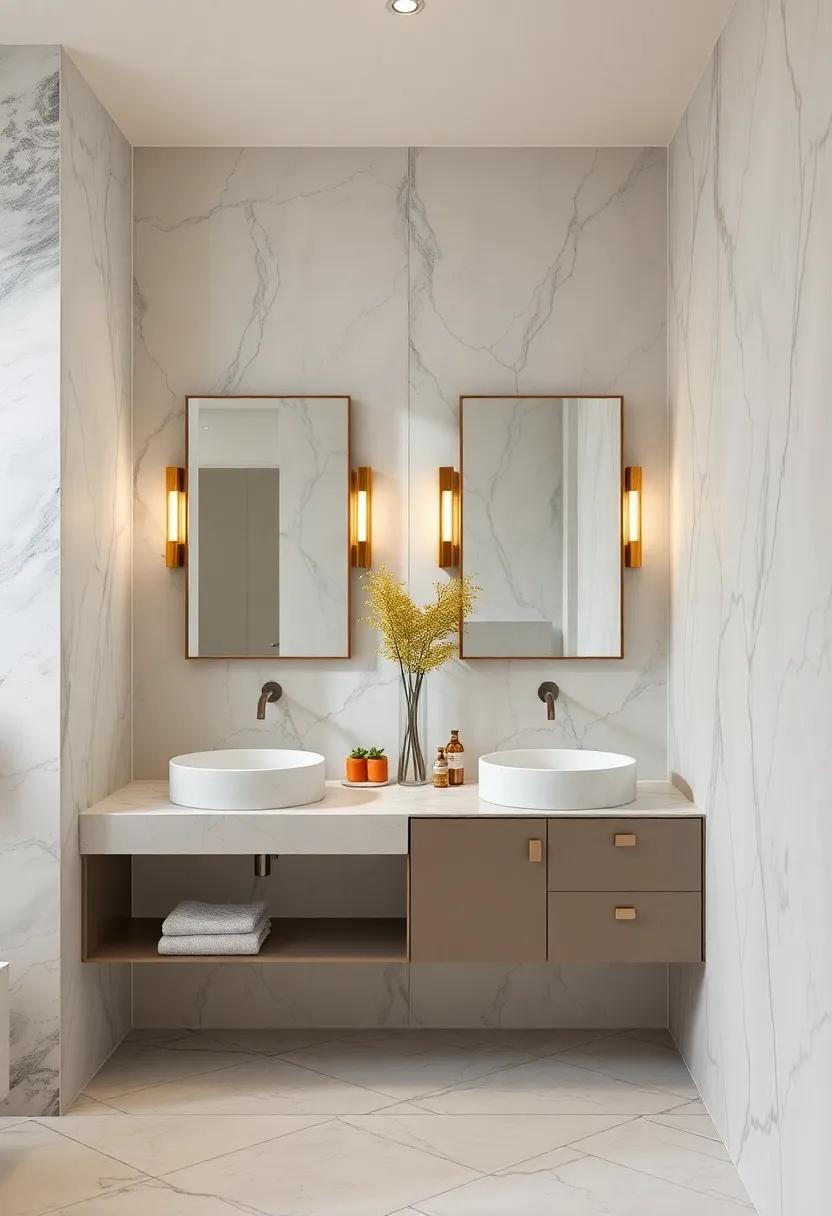 Elegant Marble Mirrors Framed With Simple Metal Accents Enhancing Light And Space