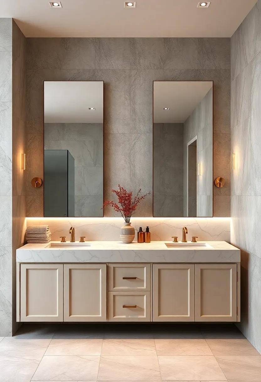 Luxurious Double Vanities Carved From Marble With Understated Cabinetry And Ambient Glow