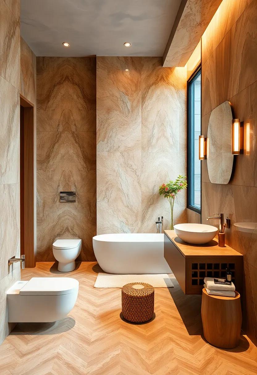 Rich Earth Toned Marble Paired With Organic Wood Elements For A Cozy Yet Opulent Bathroom