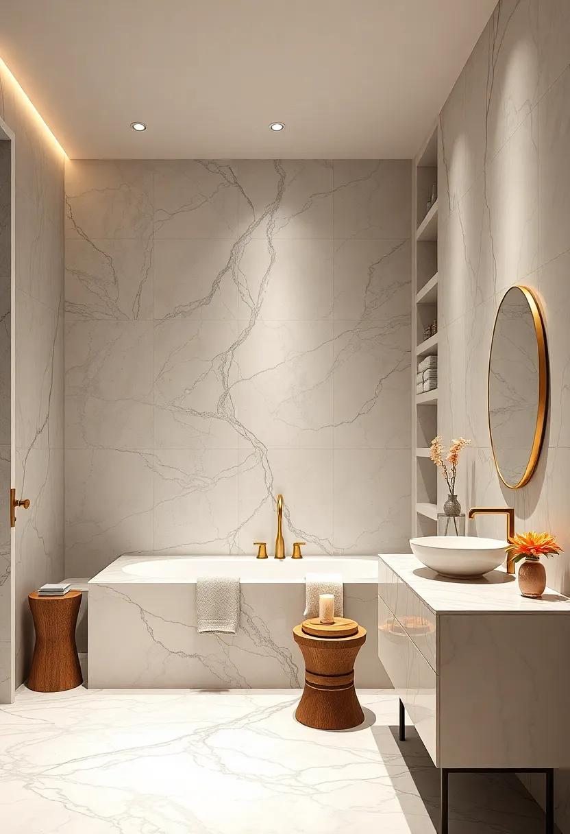 Soft Ambient Lighting Highlighting The Subtle Sheen Of Marble Surfaces In A Luxe Bath