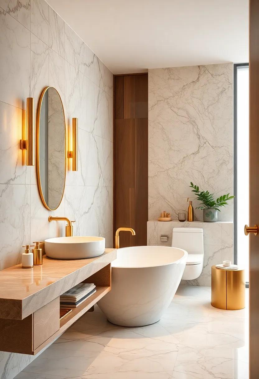 Warm Gold And Brass Fixtures Enhancing The Richness Of Deep Veined Marble In Bathrooms