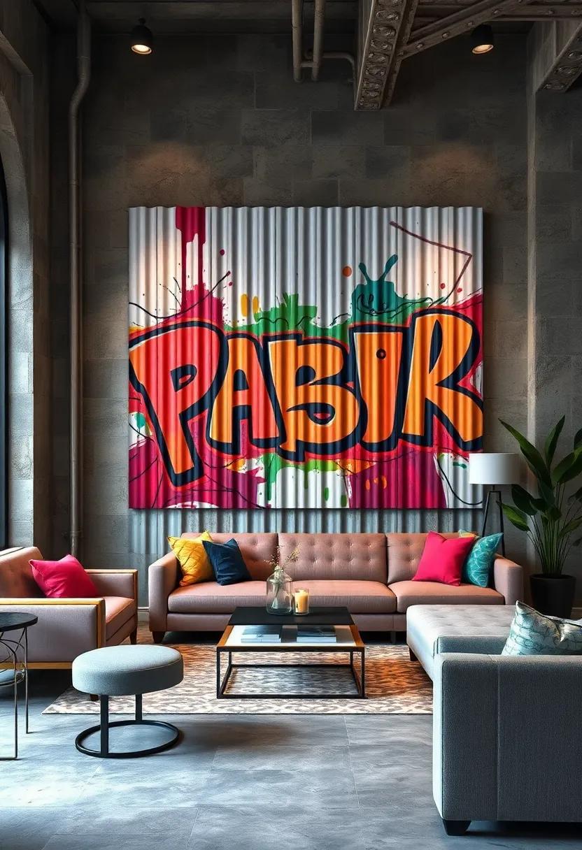 Industrial Corrugated Metal Panels Enhanced With Vivid Spray Painted Graffiti Graphics