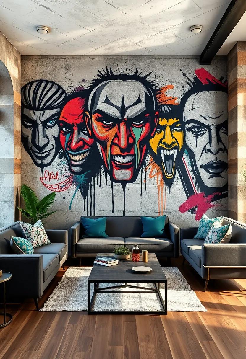 Graffiti-Inspired Mural Featuring Dynamic Street Culture Elements in Industrial Zones