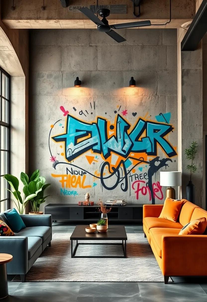 Graffiti Art Depicting Urban Legends and City Life Painted on Weathered Industrial Walls