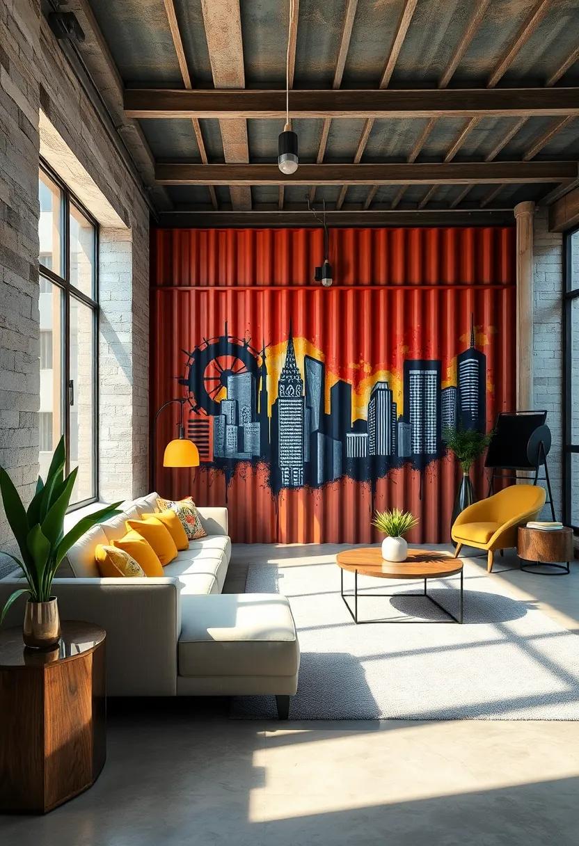 Graffiti Motifs Inspired by City Skylines on Shipping Container Walls in Urban Settings
