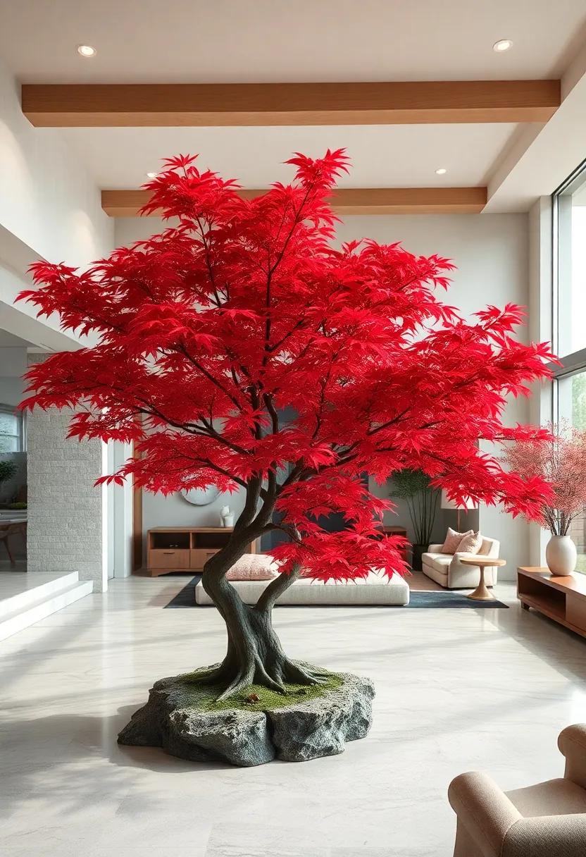 Artistic Pruning Shapes of Japanese Maple Trees Displaying Bold, Flowing Lines in Garden Design