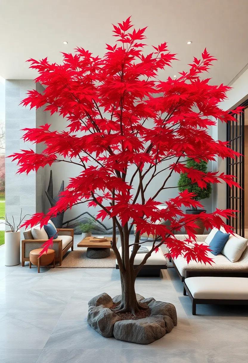 The Contrast of Japanese Maple's Red Leaves Against a Minimalist Zen Garden Background