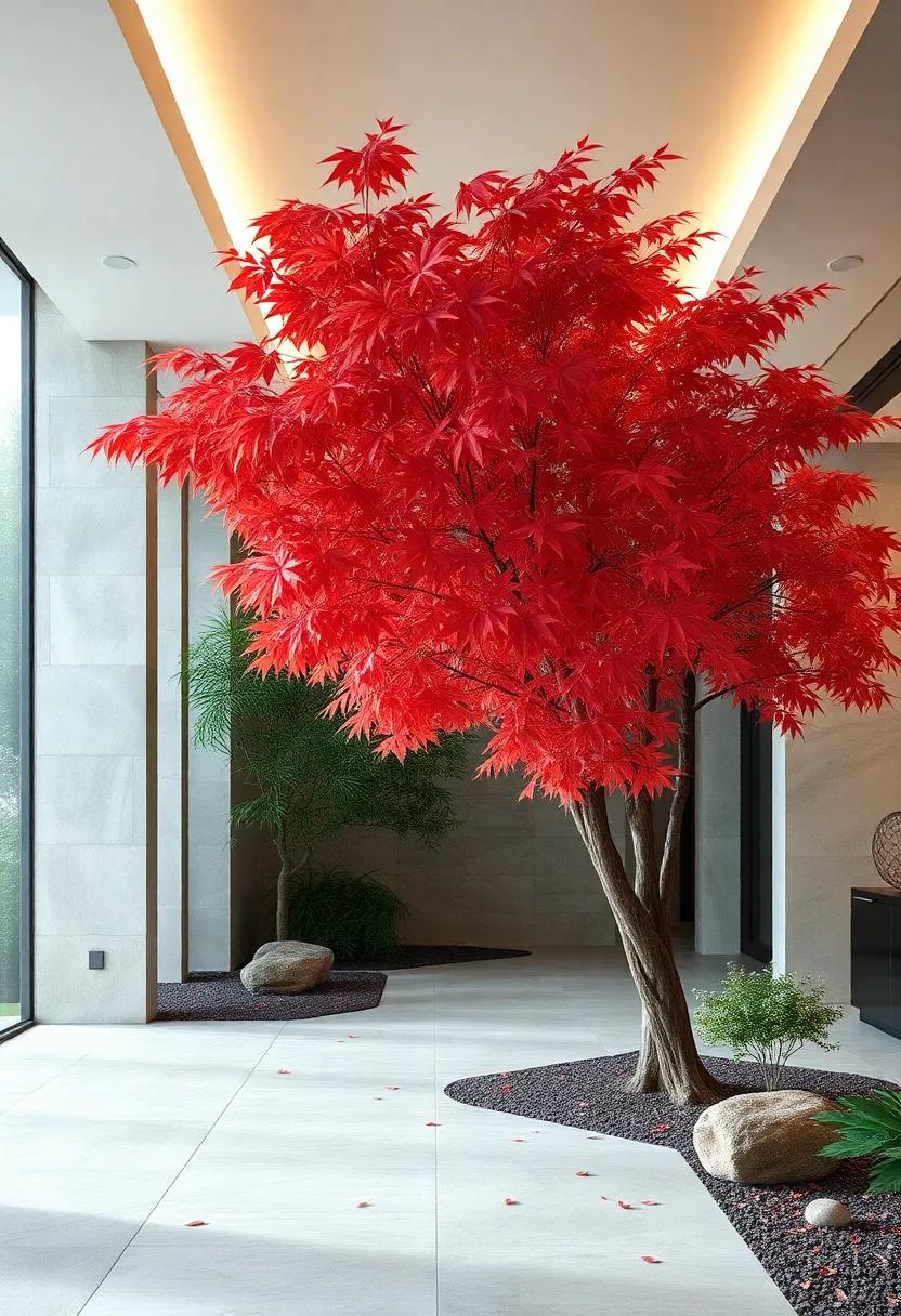 The Delicate Dance of Falling Japanese Maple Leaves Settling on a Pristine Garden Pathway