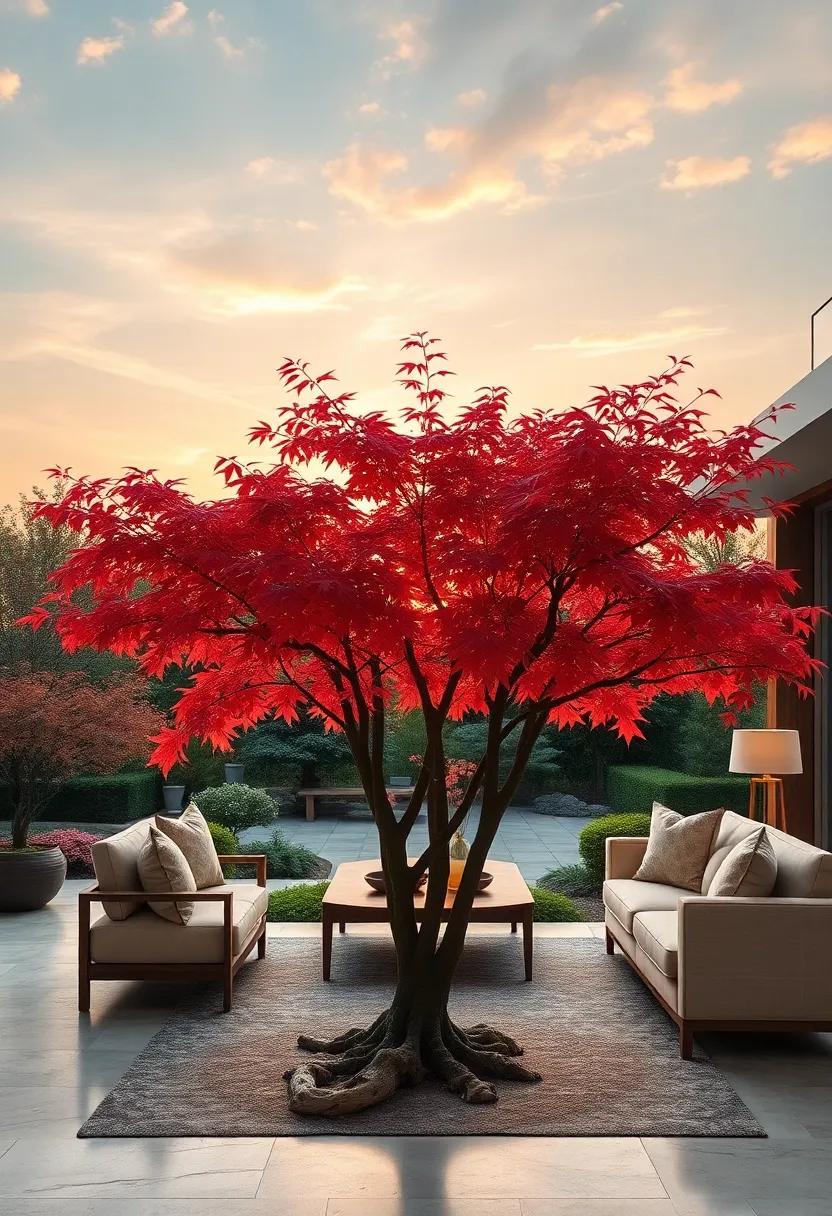 The Dynamic Silhouettes of Japanese Maple Branches Against a Soft Sunset Sky in a Garden Panorama