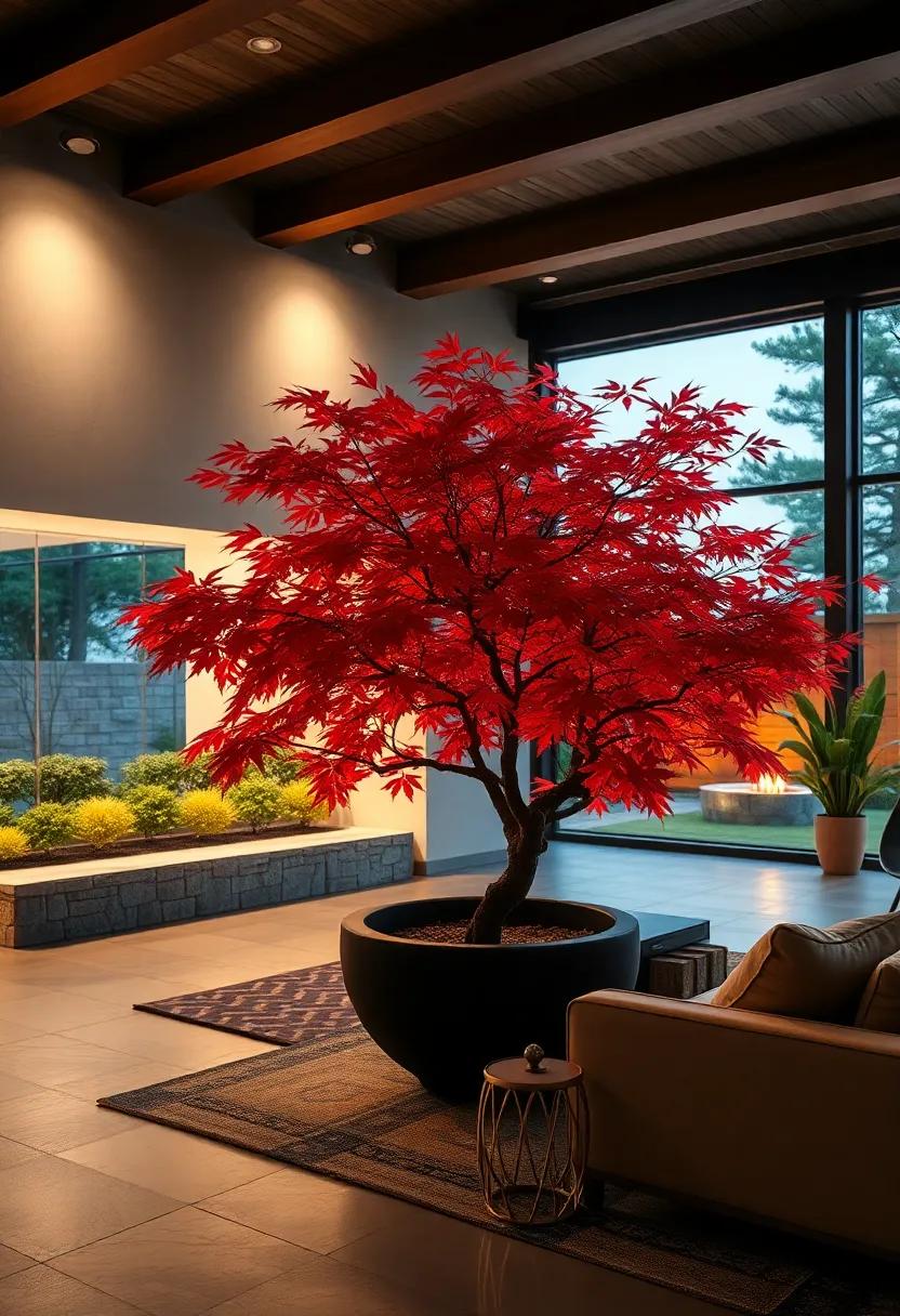 The Graceful Silhouette of a Japanese Maple Illuminated by Soft Evening Light in a Serene Garden Setting