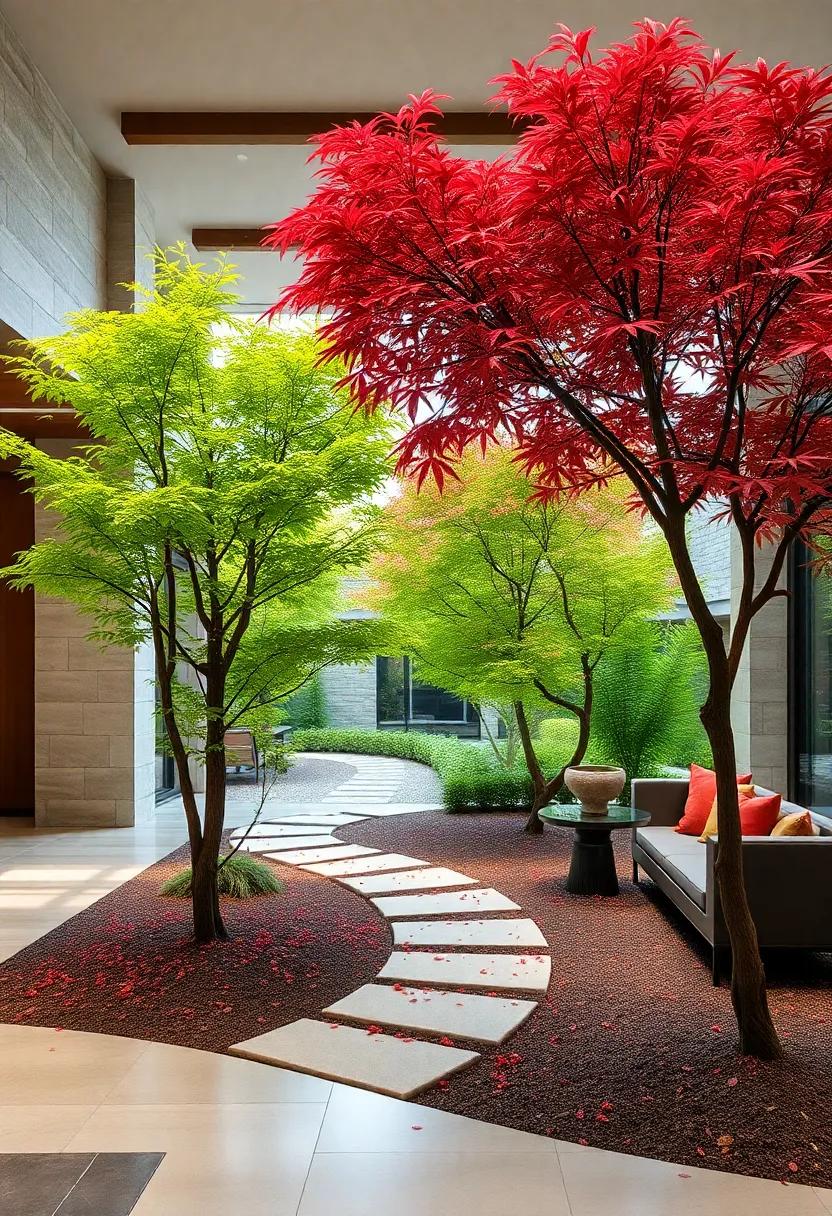Japanese Maple Trees Arranged Elegantly Along a Curving Garden Path Highlighting Their Sculptural Beauty