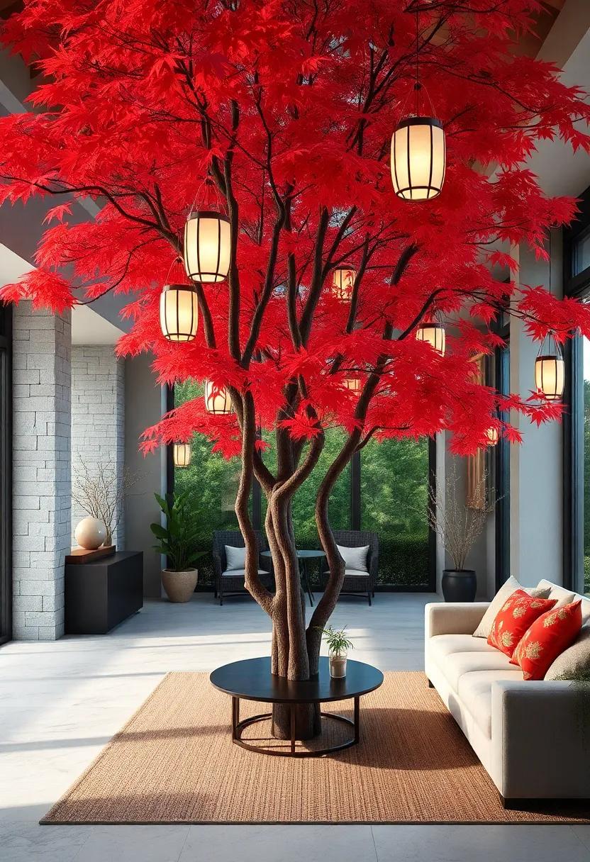 Japanese Maple Trees Intertwined With Delicate Hanging Lanterns Creating a Dreamlike Garden Atmosphere