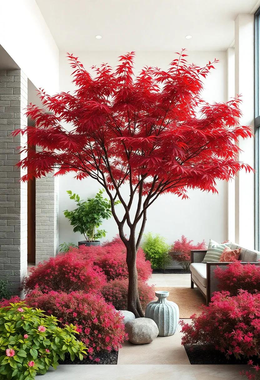 A Japanese Maple Tree Blending Amidst Flowering Shrubs, Enhancing Garden Color and Texture Layers