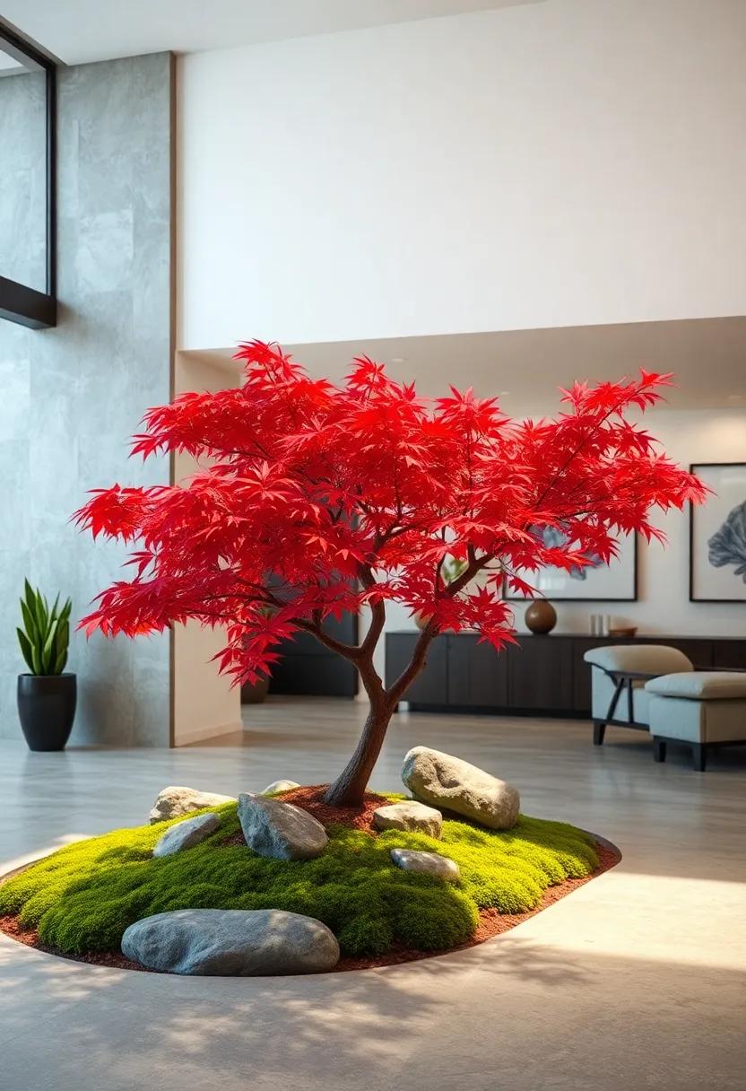 A Japanese Maple Tree Nestled Among Mossy Rocks, Illustrating Harmony Between Tree and Ground Cover