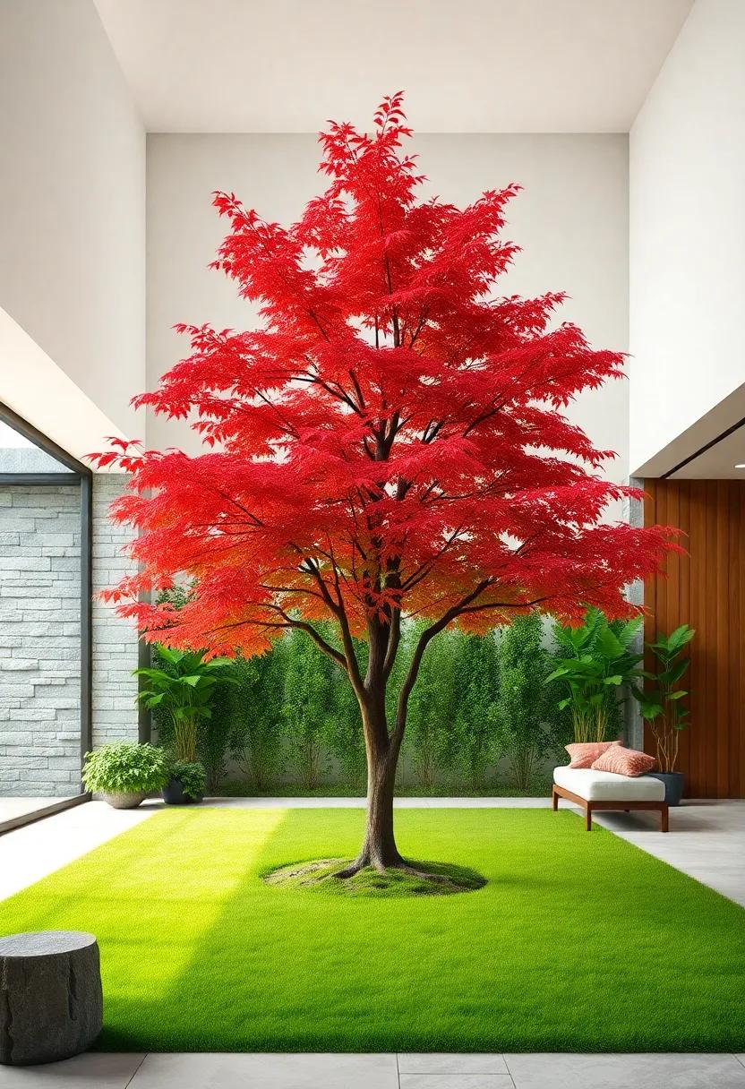 A Japanese Maple Tree Standing Tall Amidst a Lush Green Lawn Showcasing Its Architectural Form
