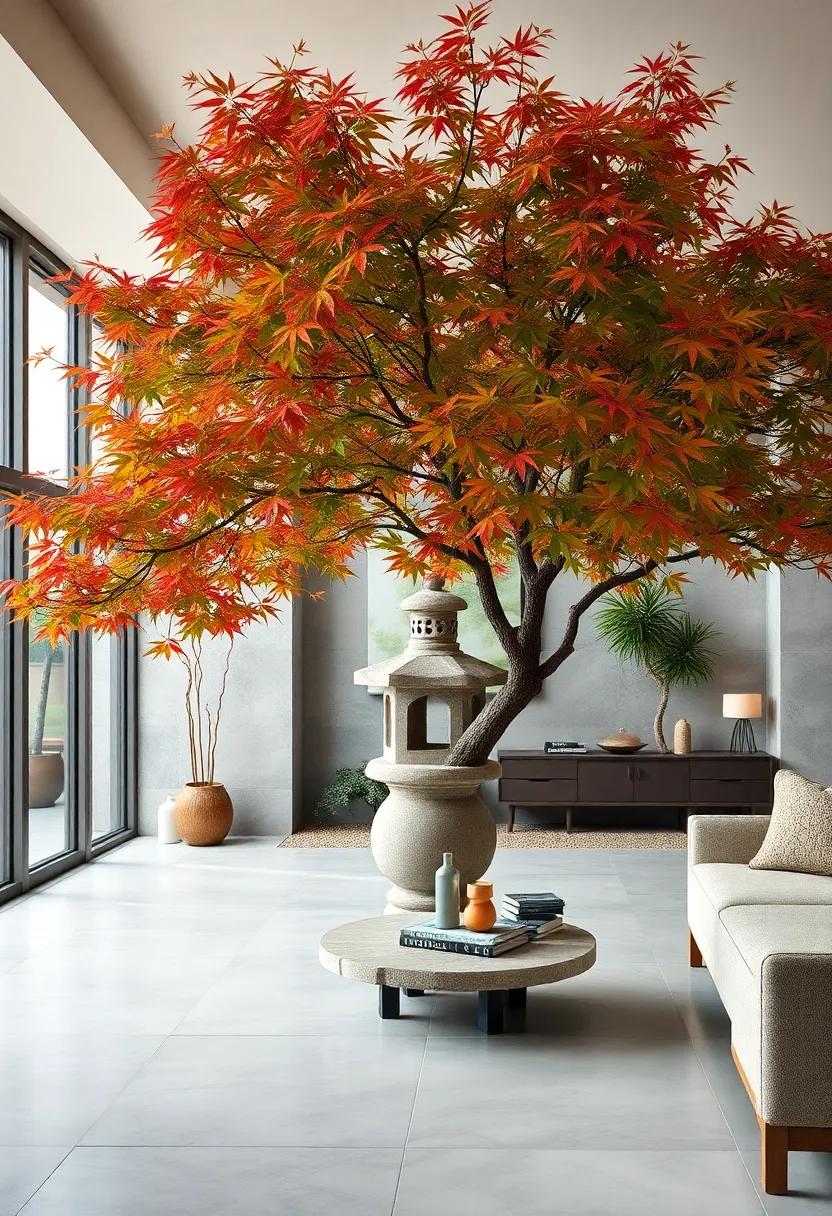 Japanese Maple Trees Framing a Traditional Stone Lantern, Blending Nature with Classic Garden Elements