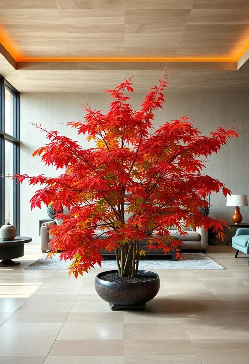 A Pair of Contrasting Japanese Maple Varieties Highlighting Differences in Leaf Color and Shape