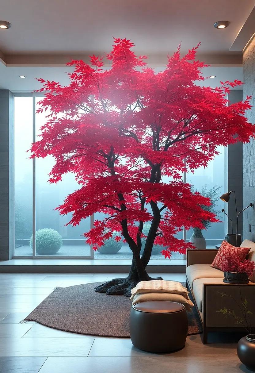 Soft Fog Enveloping a Japanese Maple Tree in the Early Morning, Adding Mystery to the Garden Scene