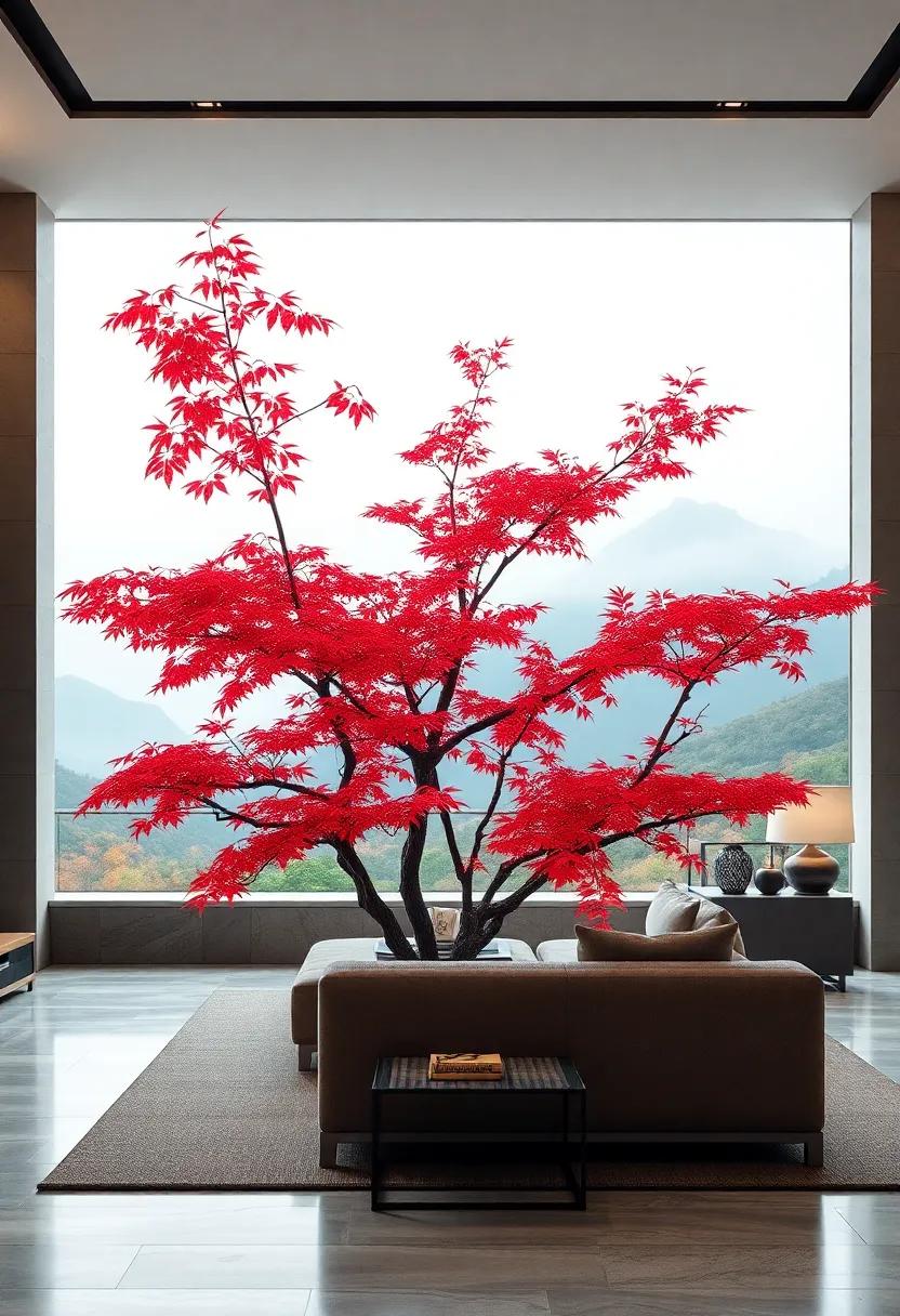 The Symphony of Japanese Maple Leaves Against a Misty Mountain Backdrop Evoking Peace and Tranquility