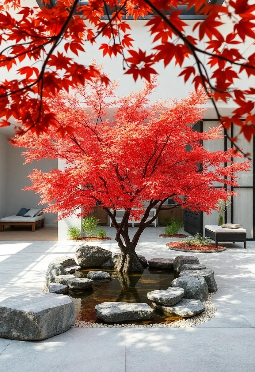 A Tranquil Water Feature Framed by Dancing Shadows of Japanese Maple Branches and Leaves