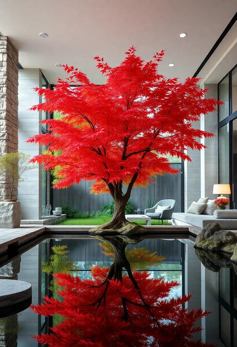 The Vibrancy of Japanese Maple Leaves Reflected in a Still Garden Pond Creating a Painterly Scene