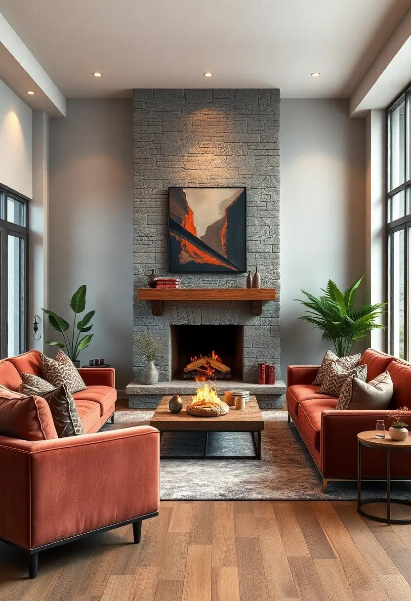 Cozy Living Room Gathering Around a Classic Stone Fireplace with Plush Velvet Sofas and Soft Ambient Lighting