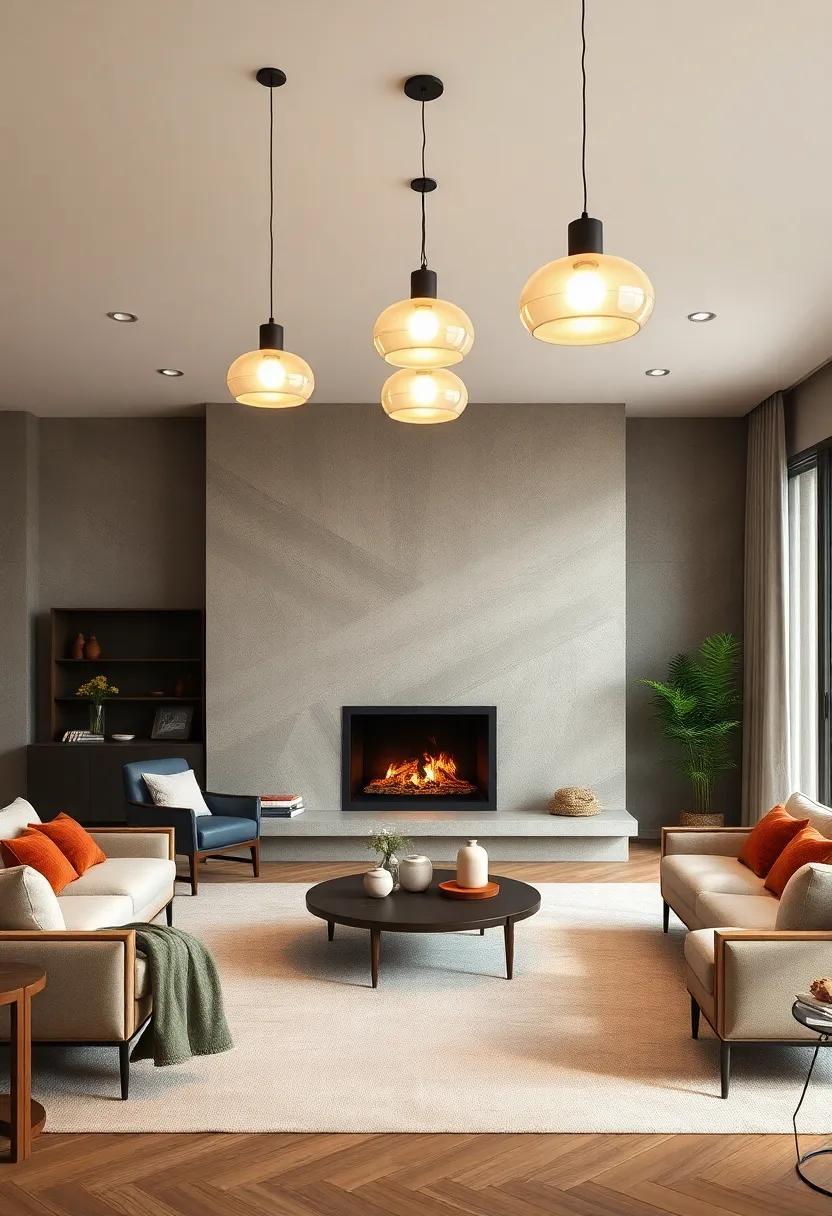 Contemporary Pendant Lights Casting Gentle Glows Over a Neutral Color Palette Living Room with Fireplace